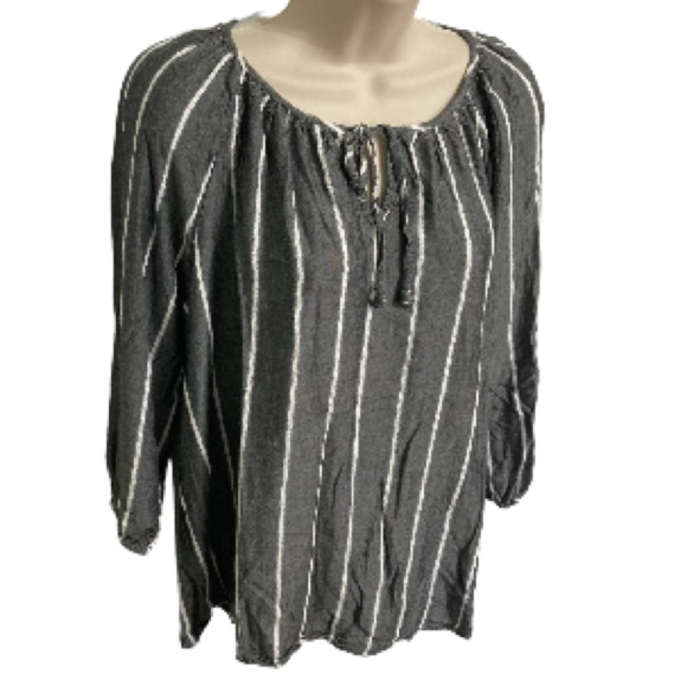 COMO BLACK Silver Gray with White Embroidered Vertical Stripe Peasant Blouse LRG
